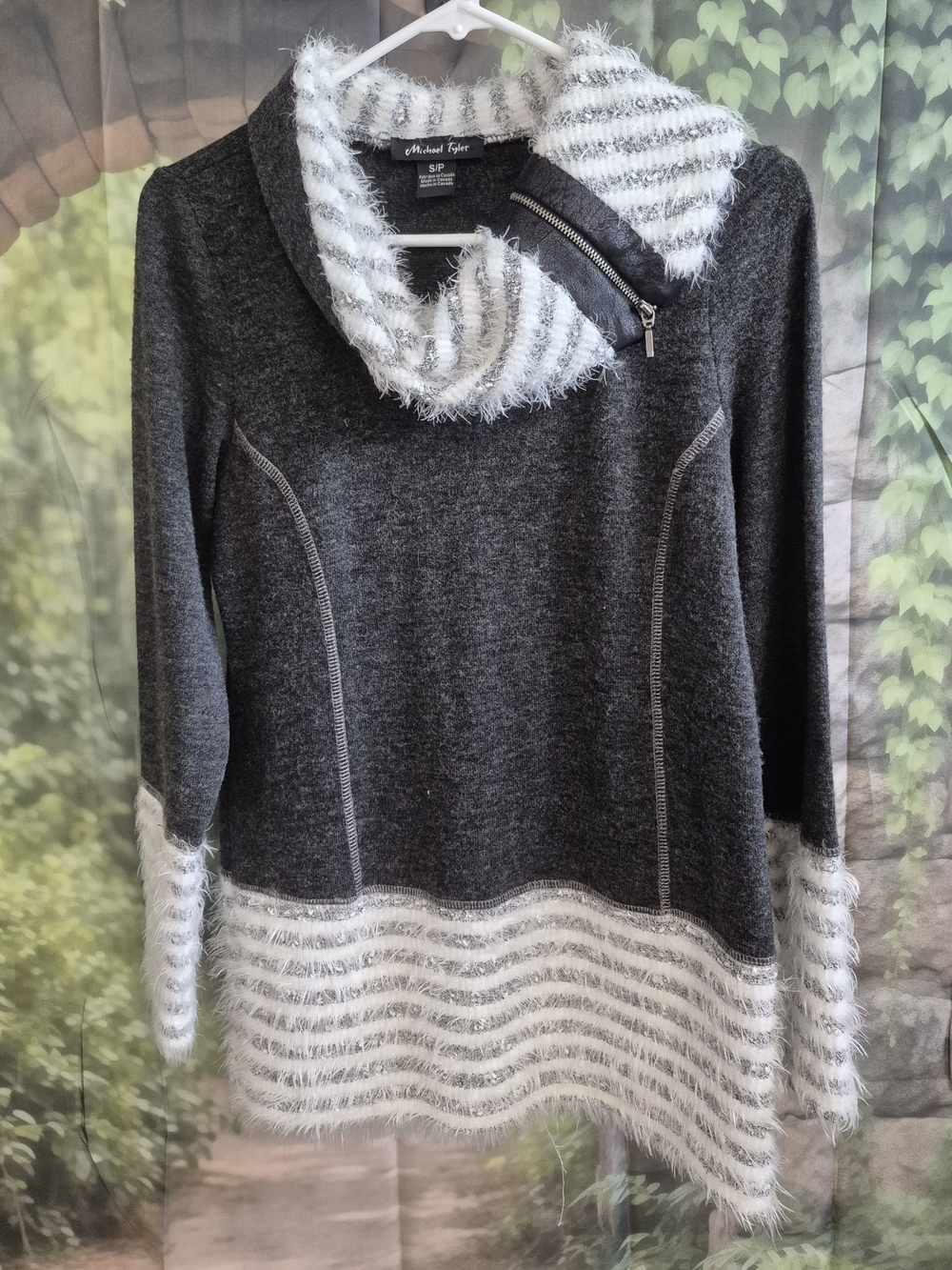 Michael Tyler Charcoal Cowl Neck Sweater with White Fuzzy Trim